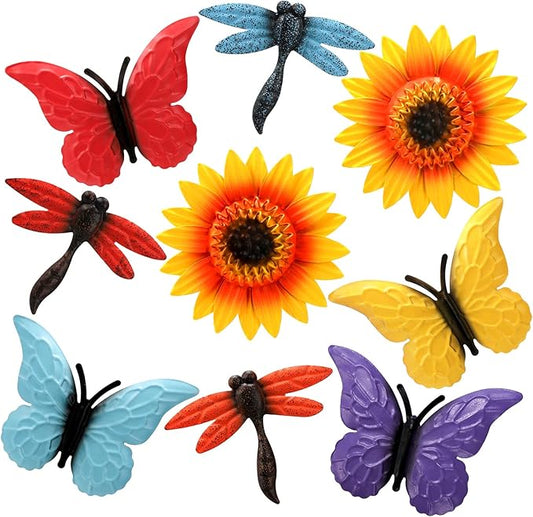 Pumtus 9 Pack Metal Sunflowers Wall Decor, Garden Flower Wall Art Decorations, Outdoor Butterfly Dragonfly Hanging Patio Decor, Yard Floral Fence Sculptures for Indoor Outside Living Room Bedroom