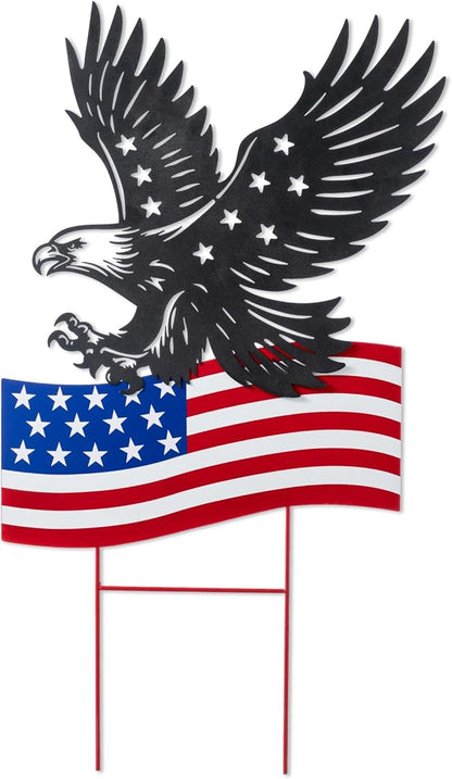 Glitzhome 29.75"H Patriotic Americana Metal Eagle Silhouette & Flag Yard Signs,Patriotic Decorative Garden Stakes for 4th of July Decorations Outdoor,Memorial Day Yard Signs for Lawn Porch Decor
