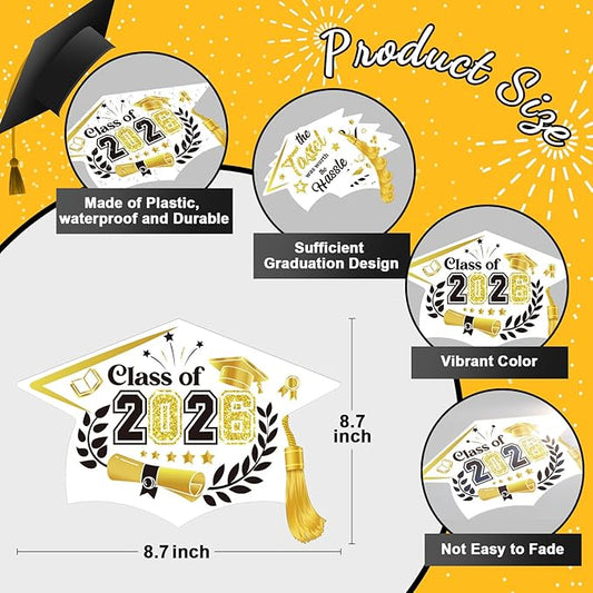 Chunful 12 Pack Graduation Yard Signs Grad Decoration 2026 Happy Graduate Lawn Garden Sign with Stake Congrats Outdoor Plastic Cap Hanging Ornament for Class Pathway Walkway Porch Party(White Gold)