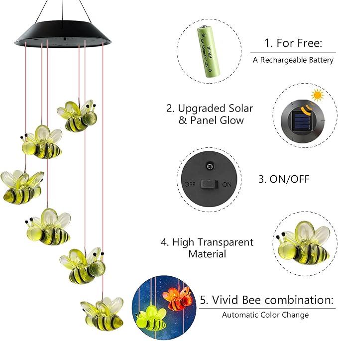 Solar Wind Chimes, Bee Wind Chimes Gifts for Mom Grandma Women Wife Girls, IP65 Waterproof Hanging Memorial Windchimes with 7 Color Changing LED Lights for Outside Garden Yard Decorations