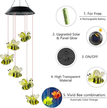 Solar Wind Chimes, Bee Wind Chimes Gifts for Mom Grandma Women Wife Girls, IP65 Waterproof Hanging Memorial Windchimes with 7 Color Changing LED Lights for Outside Garden Yard Decorations