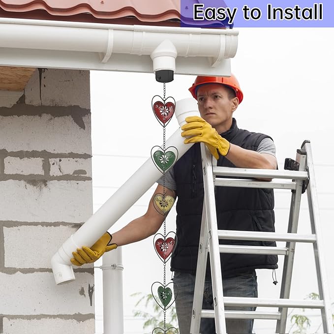 Rain Chains for Gutters Outside Downspouts Rain Catcher Diverter Metal Blue Plaid Outdoor Decorative, 8.5 FT, Heart Style
