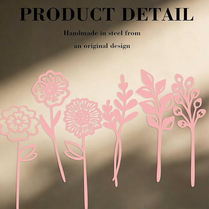 Pink Metal Flowers Set of 6, Decorative Garden Outdoor Plant Stakes for Yard Art, Metal Garden Art Flower Bed Decor, Pink Flower Yard Sculptures for Pots Vase Garden Lawn and Patio