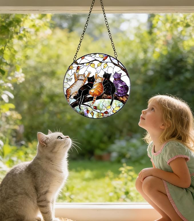 Stained Glass Window Hanging - 5 Happy Kittens on a Branch Suncatcher for Window Doors Home Decoration and Christmas, Mother's Day Birthday Gifts for Women Men Mom 9.8 * 9.8 inch