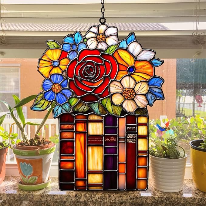 Red Rose Flowers Books Acrylic Suncatcher Stained Glass Effect Window Car Hanging Christmas Ornament Indoor Outdoor Decor Garden Sun Catcher Panel for Book Lover for Women Mom Grandma