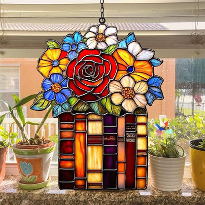 Red Rose Flowers Books Acrylic Suncatcher Stained Glass Effect Window Car Hanging Christmas Ornament Indoor Outdoor Decor Garden Sun Catcher Panel for Book Lover for Women Mom Grandma