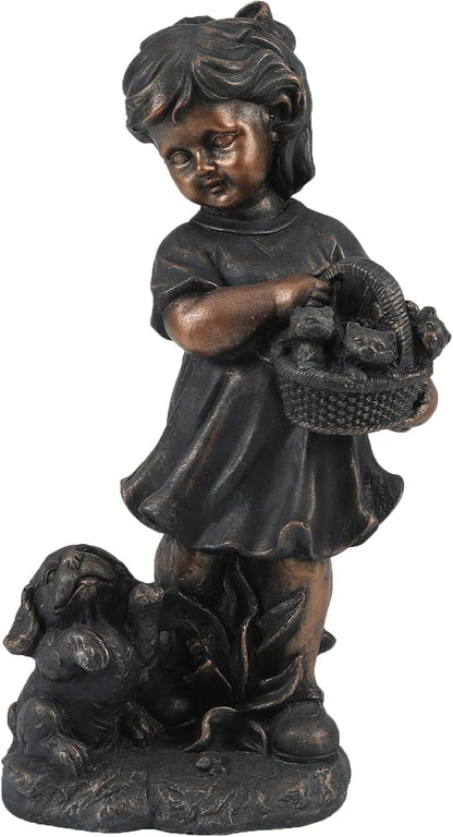 LuxenHome Garden Decor Statue,23" Fiber Stone Girl and Puppy Outdoor Statue, Bronze Garden Sculpture, Outdoor Art for Patio Courtyard Backyard Decor, House Warming Gifts