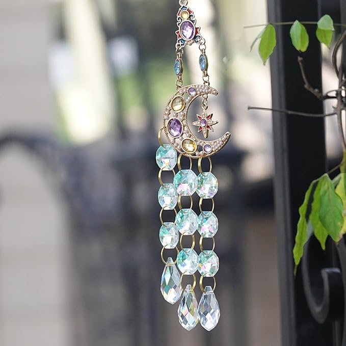 Rhinestones Sun Catchers for Window Hanging - Moon Crystal Suncatcher for Car Mirror Indoor Outdoor Garden Decor - Rainbow Maker