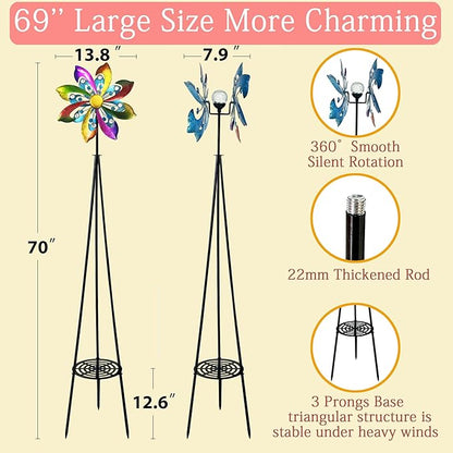 69" Metal Wind Spinners Outdoor with Plant Rack,3 Legs Colorful Windmill for Yard, Kinetic Yard Art, Waterproof Large Wind Sculptures for Garden Backyard Outdoor Decor Lawn Ornaments for Outside