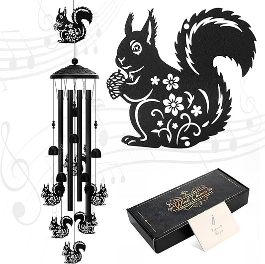 Squirrel Wind Chimes for Outside Metal Animal Windchimes Squirrel Sympathy Gifts for Women Men Birthday Garden Decor for Patio Yard Memorial Black