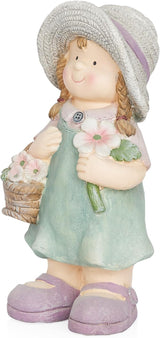 Alpine Corporation QWR1456 Indoor/Outdoor Little Girl with Flower Basket Garden Statue, Playful Child Statue for Yard, 15" H, Green