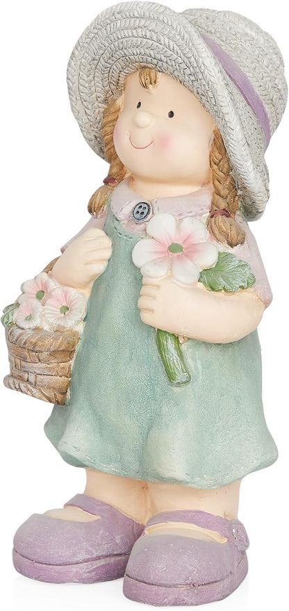 Alpine Corporation QWR1456 Indoor/Outdoor Little Girl with Flower Basket Garden Statue, Playful Child Statue for Yard, 15" H, Green