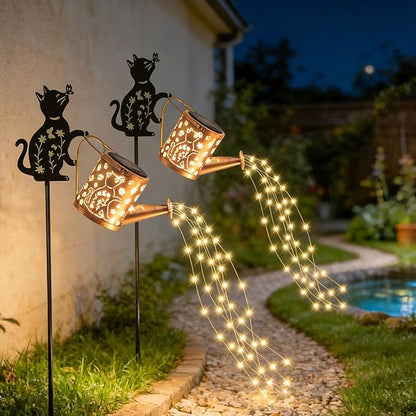Solar Outdoor Garden Decorative Watering Can with Light, Featuring Metal Cat Silhouette Garden Stake, Waterproof Garden Decor,for Lawns, Pathways,Garden Gift for Women