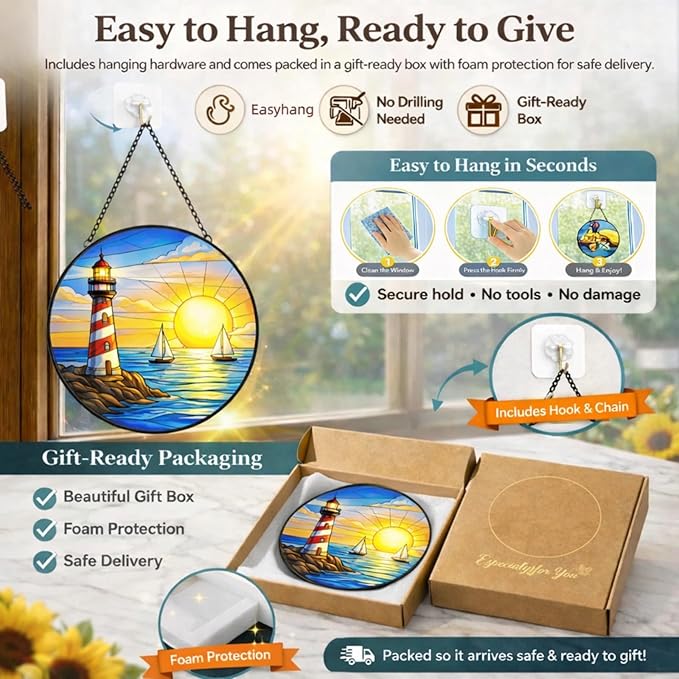 Lighthouse Ocean Suncatcher Window Hanging, 7.8" Stained Glass Decor, Symbolic Gift for Family, Friends and Loved Ones, Coastal Home Decor for Window, Wall, Living Room and Sunroom