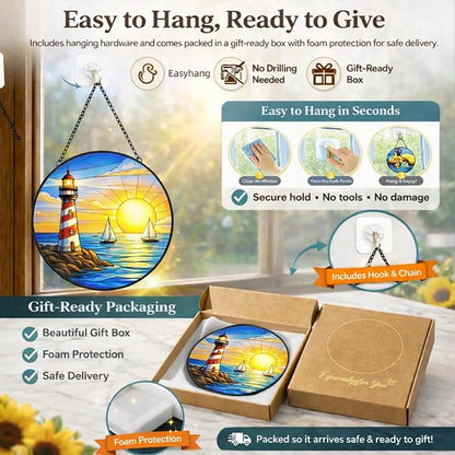 Lighthouse Ocean Suncatcher Window Hanging, 7.8" Stained Glass Decor, Symbolic Gift for Family, Friends and Loved Ones, Coastal Home Decor for Window, Wall, Living Room and Sunroom