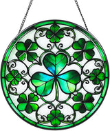 Ireland Green Lucky Clover Stained Glass Window Hanging Suncatcher with Chain - 7.9" Irish Shamrock Outdoor/Indoor Art Decor for Home Garden, St. Patrick's Day, Mother's,Ornaments Present