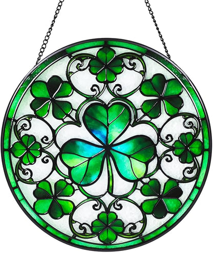 Ireland Green Lucky Clover Stained Glass Window Hanging Suncatcher with Chain - 7.9" Irish Shamrock Outdoor/Indoor Art Decor for Home Garden, St. Patrick's Day, Mother's,Ornaments Present