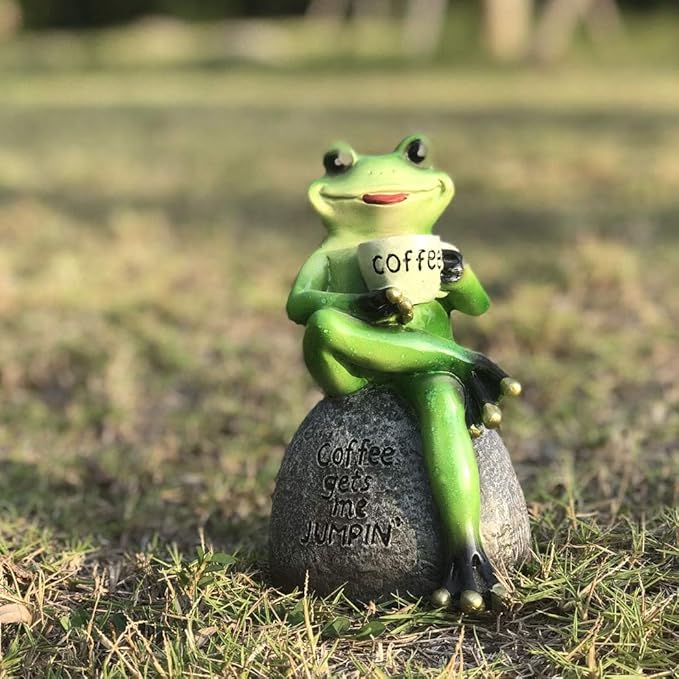 YANGMEI 6" Drinking Coffee Green Frog Sitting on Stone Statue Creative Garden Statue Decoration Collectible Frog Figurine Statue
