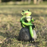 Creative Green Frog Sitting on Stone Statue Drinking Coffee Indoor Outdoor Garden Statue Decoration Collectible Frog Figurine Statue Model Sculpture (6" Frog On Stone)