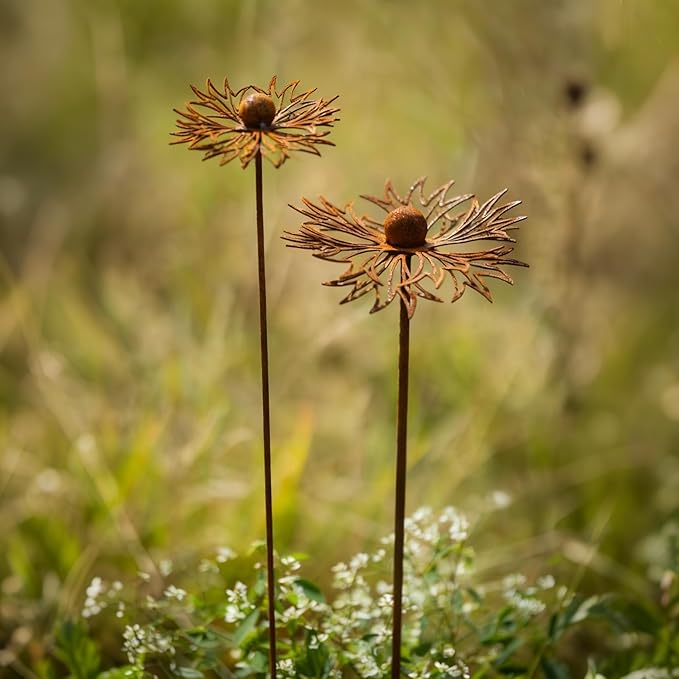 Rusty Metal Wild Flowers Garden Stakes 11.82 x 8.47 inches, Decorative Flowers Yard Stake Metal Art for Outdoor Garden Lawn Decor(Flower-D)