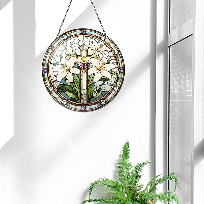 Bimkole Lily Stained Glass Suncatcher Window Hanging - Cross Indoor Window or Doorway Decoration - Handmade Sun Catcher Decor for Garden Home Christmas & Birthday Gifts 7.87x7.87 inch