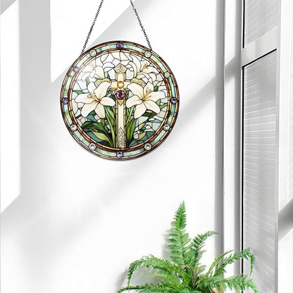 Bimkole Lily Stained Glass Suncatcher Window Hanging - Cross Indoor Window or Doorway Decoration - Handmade Sun Catcher Decor for Garden Home Christmas & Birthday Gifts 7.87x7.87 inch