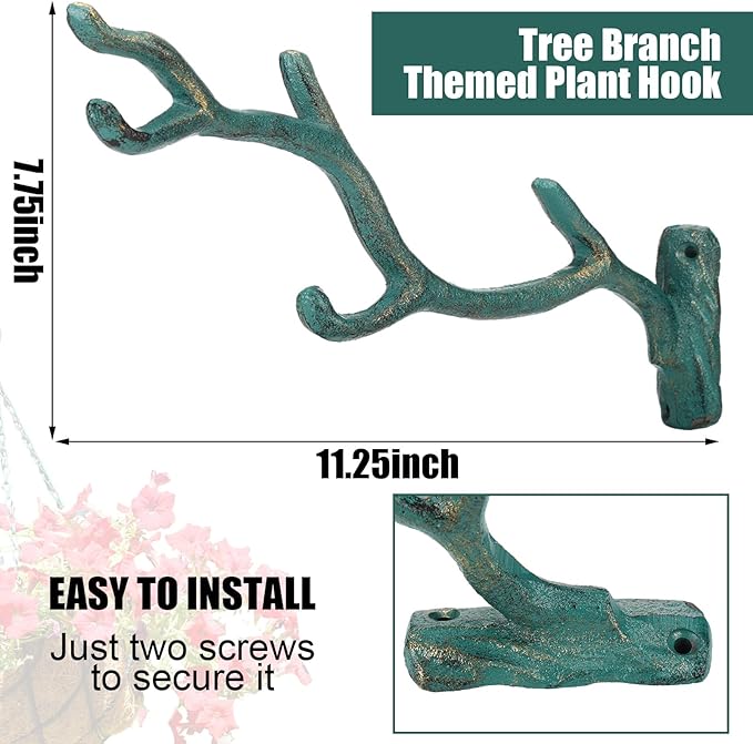 Blulu 2 Pcs 11'' Cast Iron Tree Branch Plant Hangers Decorative Metal Wall Bracket Hooks Wall Heavy Duty Home Storage Rack for Hanging Plants Pots Baskets Lanterns Wind Chimes Outdoor Indoor (Bronze)