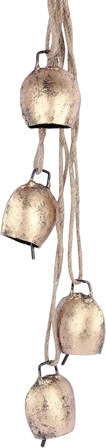 Decorative Cow Bell, 25" Hanging Bells Chime, Rustic Antique Brass Finish Metal Bells with Jute Rope, Tibetan Inspired Farmhouse Vintage Cascading Bell's for Indoor, Outdoor Patio, Garden & Wall Decor