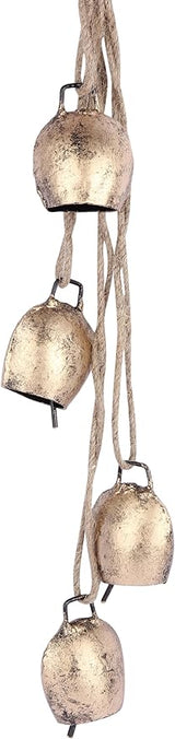 Decorative Cow Bell, 25" Hanging Bells Chime, Rustic Antique Brass Finish Metal Bells with Jute Rope, Tibetan Inspired Farmhouse Vintage Cascading Bell's for Indoor, Outdoor Patio, Garden & Wall Decor