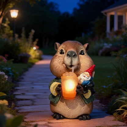 Solar Capybara Garden Gnome Statue,Outdoor Chipmunk Decor with Glowing Cup,Gnomes Figurine for Patio Yard Lawn,Christmas Housewarming Gifts for Mom,Women,Grandma