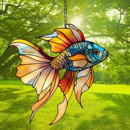 Rainbow Beta Fish Acrylic Suncatcher Stained Glass Effect Window Car Hanging Christmas Ornament Indoor Outdoor Decor Garden Sun Catcher Panel for Acrylic Suncatcher Lover for Women Mom Grandma