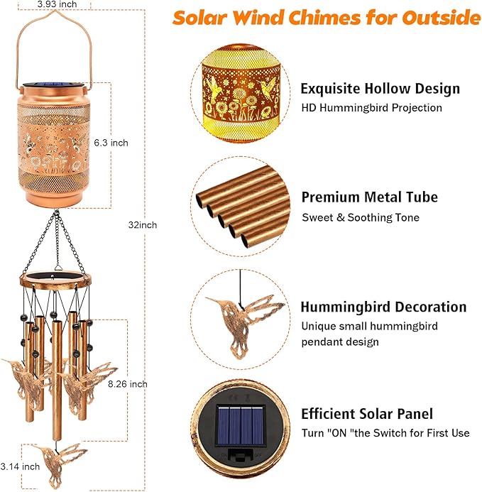 2 Pack Hummingbird Solar Wind Chimes for Outside, Gifts for Mothers Day Mom Women Grandma Birthday Memorial Teacher, 32" Windchimes Outdoor Decor Hanging Solar Lantern for Garden Porch Patio Backyard