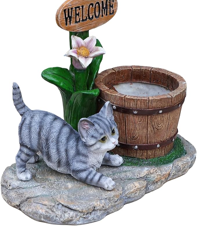 Solar Light Animal Outdoor Statue Planter with Welcome Sign, Resin Garden Sculpture Flower Pot for Patio Lawn Porch Yard Courtyard Decor, Weather-Resistant Decorative Figurine Accent (F)