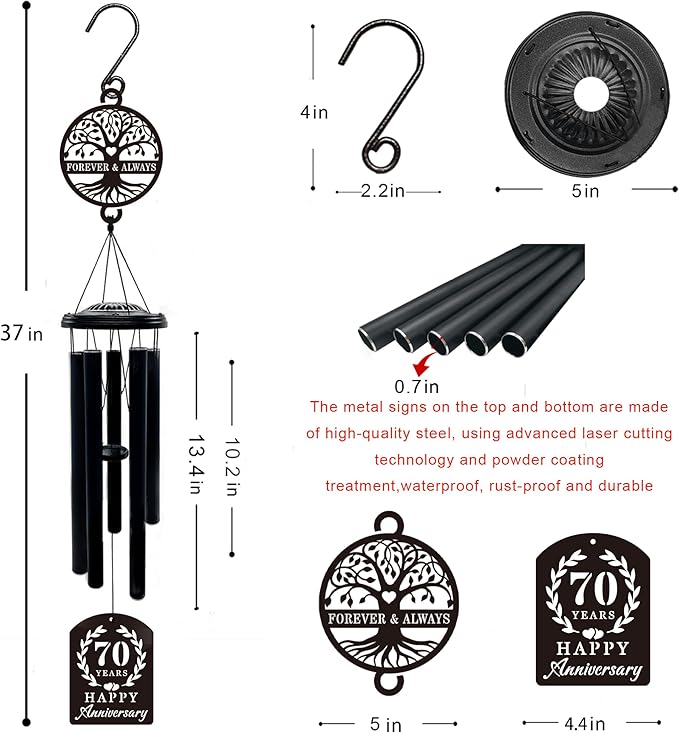 37'' 70th Anniversary Wind Chime Gifts,Golden Anniversary Keepsake Gifts Ideas,Happy 70th Decorations for Parents, Couples, Husband, Wife, Friends