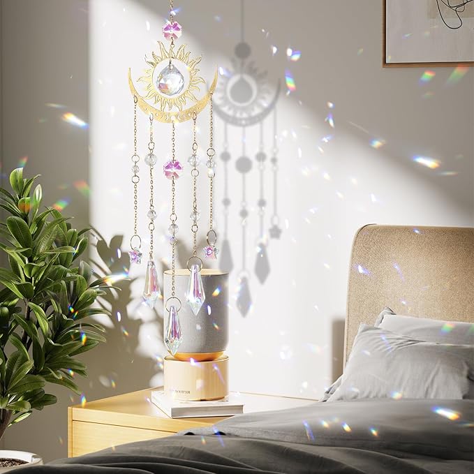 DEMIUKO Crystal Suncatcher, Suncatchers for Windows Hanging Prism Rainbow Maker Suncatchers with Crystals Indoor Outdoor Home Garden Decor for Birthday Thanks Giving Christmas(Sun and Moon)