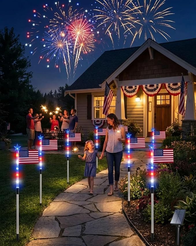 8 Piece Solar US Flag Light Set, American Flags Pole Pathway Lights, Outdoor Garden IP66 Waterproof Patriotic LED Star Stake with 8 Lighting Modes for 250th Anniversary, 4th of July Decoration