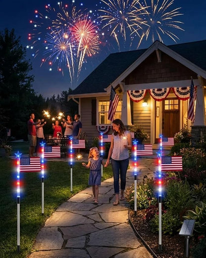 8 Piece Solar US Flag Light Set, American Flags Pole Pathway Lights, Outdoor Garden IP66 Waterproof Patriotic LED Star Stake with 8 Lighting Modes for 250th Anniversary, 4th of July Decoration