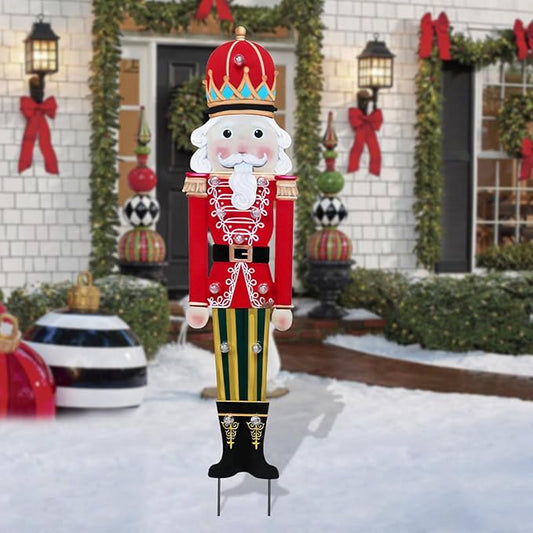 Afirst Christmas Yard Stakes Lighted Up Christmas Outdoor Decorations LED Nutcracker with Crown Lighted Metal Yard Stakes Outdoor Xmas Stake Lawn Pathway Outdoor Decoration