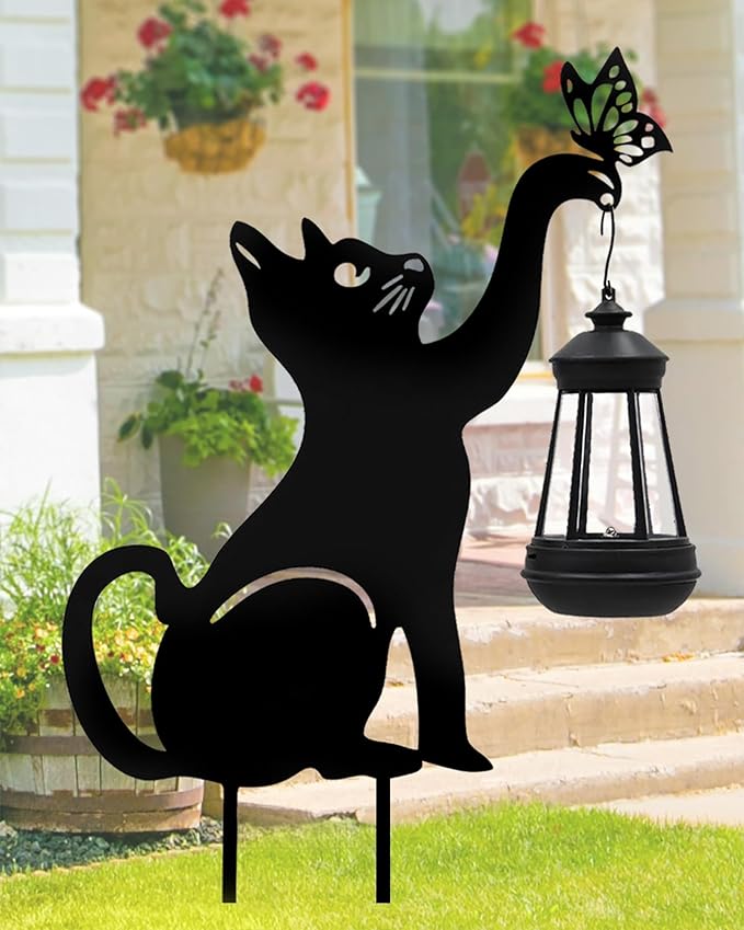 twinbling Black Cat Yard Decorations Outdoor - Solar Lights Outdoor Garden Decor Stake with Butterfly Decorative Metal Housewarming Ornament for Pathway Lawn Patio – Unique Gift for Woman Mom Grandma