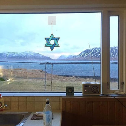 Jewish Star Stained Glass Window Hanging,Star of David Suncatcher for Home Office,Family Guardian Birthday Gifts for Women, Housewarming Gifts