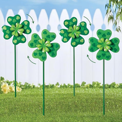 Wind Spinners Outdoor,4 Pack Shamrock Garden Stakes for Outside,Saint Patrick's Day Decorations,Metal Wind Spinner Yard Art for Patio,Lawn