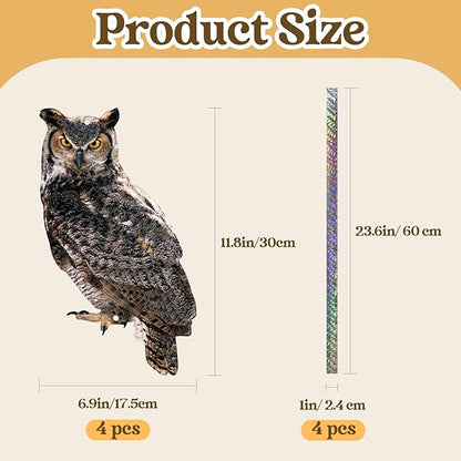 4PCS Fake Owl to Keep Pigeon Away from Balcony Hanging Flat Garden Owls with Reflective Tape Plastic Owl to Scare Squirrel for Outdoor Garden House Window Patio Yard Front Porch Backyard