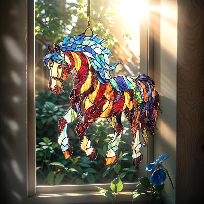 Horse Acrylic Suncatcher, Boho Suncatchers for Window Hanging Ornament, Stained Glass Effect Art Garden Decor for Equestrian Lover, Gifts for Mother's Day, Mom, Grandma, Wife, Women, Nana