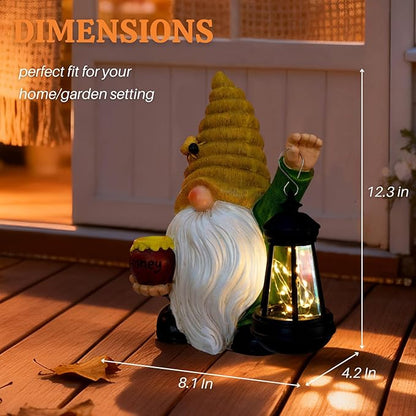 12.3'' Solar Garden Gnomes Outdoor Decor Honey Bee jar Gnome Statues with LED Lantern Spring Patio Lawn Yard Art Decoration Easter Birthday Christmas Gardening Gifts for Mom Dad, Bee Gnome