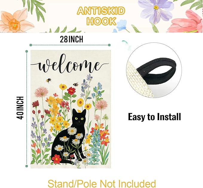 Baccessor Spring Summer Black Cat House Flag Double Sided 28x40 Inch Burlap,Floral Flowers Welcome Large Garden Flag Porch Patio Front Yard Seasonal Farmhouse Outside Outdoor Decor