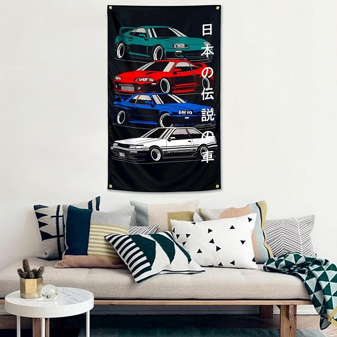 JDM Japanese Car GTR Flag 3x5 ft Fans Wall Tapestry Huge Garage Room Decor Heavy Duty 150D Polyester Wall Tapestry Poster Decor