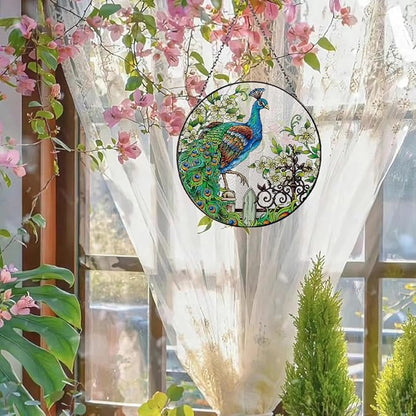 Zayookey Stained Glass Suncatchers Peacock Art Window Hangings Panel Colorful Hand Painted Suncatcher for Outdoor Garden Indoor Window Wall Decor