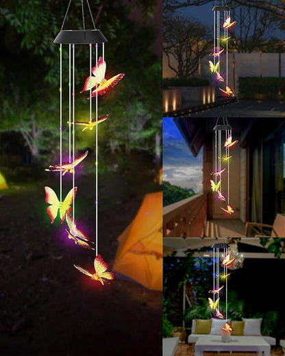 DOUBLEZHE Solar Wind Chimes for Outside, Color Changing Butterfly Wind Chime Outdoor Clearance, Birthday Gifts for Mom Women Grandma Wife Girls, Unique Decor Colorful Patio Yard Party Decoration