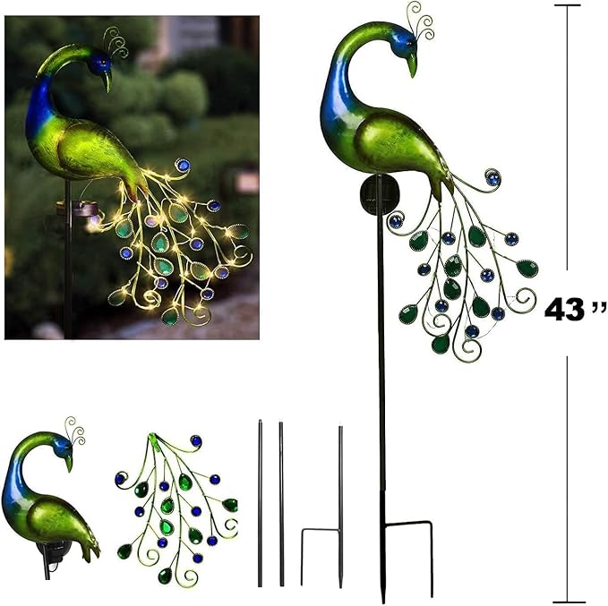 Solar Garden Lights Metal Peacock Garden Decor Waterproof Peacock Solar Stake Lights Decorative for Outdoor Patio Lawn Porch Yard Decorations Peacock Gift for Mom Grandma Women Birthday Gardening