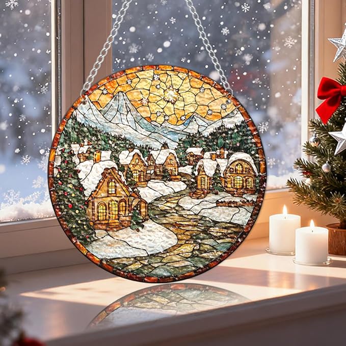 Chrismas Acrylic Stained Glass Window Hanging,Sun Catcher Decor Stained Panel Hangings Wall Art Decor, 2026 8x8inch (SCL011 Snow House)